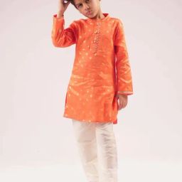 Lil Drama Kids Orange & White Cotton Embroidered Full Sleeves Kurta Set-picture-39