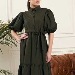 Noi Women Puff Sleeve Shirt Collar Formal Fit & Flare Midi Dress-image-59