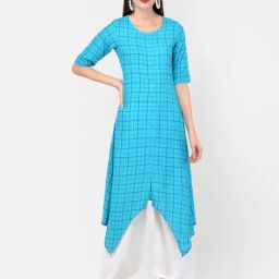 Span Blue Chequered A Line Kurta-image-94