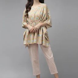 Prakrti Green Cotton Printed Kaftan Pant Set-image-70