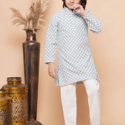 AJ Dezines Kids Grey & White Embroidered Full Sleeves Kurta with Pyjamas-image-39