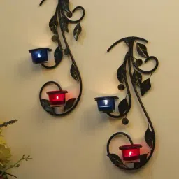 Homesake 'Hanging Leafy Diwali' Multicolor Metal Wall Mount Candle Holder - Set of 2-image-44
