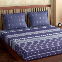 Petal Home Hooghly Motif Navy Blue 300 TC Cotton Queen Size Bed Sheet with 2 Pillow Covers-picture-34