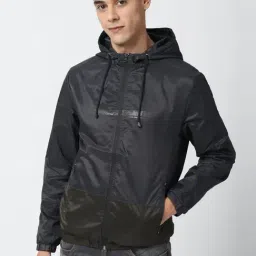 Peter England Grey Regular Fit Colour Block Hooded Jacket-image-28