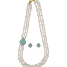 Sri Jagdamba Pearls Jabala 3 Line Green & White Pearl CZ Necklace Set-32