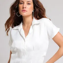 SHAYE White Relaxed Fit Crop Shirt-image-65