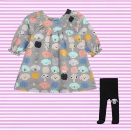 MINIKLUB Girls Grey & Black Printed Full Sleeves Dress with Stockings-image-42