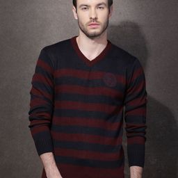 Roadster Men Maroon & Navy Striped Sweater-image-13