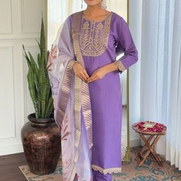 Divyadham Textiles Embroidered Zari Round Neck Straight Kurta With Trousers & Dupatta-picture-21