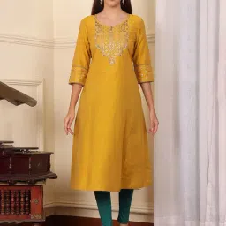 W Mustard Embroidered Straight Kurta-image-58