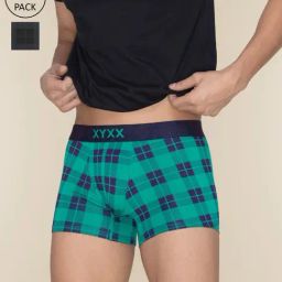XYXX Charcoal Black & Aqua Green Regular Fit Checks Trunks - Pack Of 2-image-67