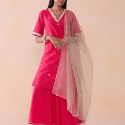 Ancestry Fuchsia Voile Embellished Elbow Sleeves Kurta-picture-13
