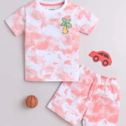 Bumzee Kids White & Peach Cotton Printed T-Shirt Set-image-81