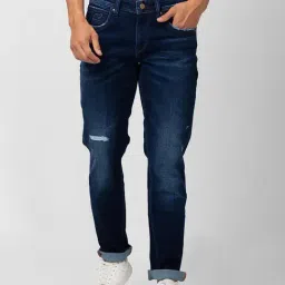 Spykar Dark Blue Regular Fit Lightly Washed Distressed Jeans-image-47