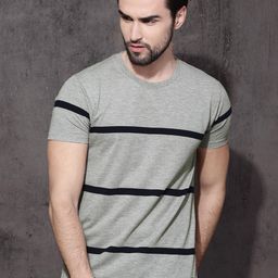 Roadster Men Grey Melange & Navy Striped Round Neck T-shirt-image-53