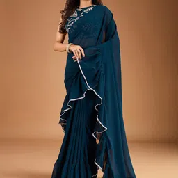 House of Pataudi Solid Ruffle Saree with Embroidered Blouse Piece-49