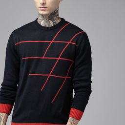 The Roadster Lifestyle Co. Men Navy Blue & Coral Red Striped Pullover-image-75