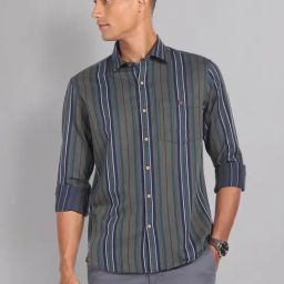 AD by Arvind Olive Slim Fit Striped Shirt-image-52