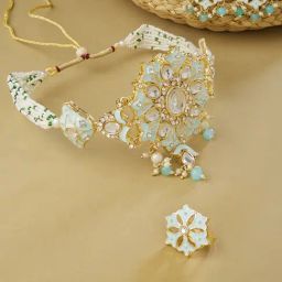 Zaveri Pearls Turquoise Meenakari Multistrand Kundan Choker Necklace Earring & Ring Set-ZPFK13655-image-44