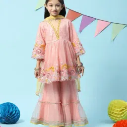BIBA Girls Peach & Yellow Embellished Kurta, Sharara with Dupatta-image-39