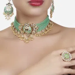 Zaveri Pearls Green Meenakari Multistrand Crystals Beaded Choker Necklace Earring Ring Set-ZPFK13648-image-33
