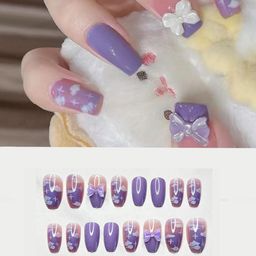 Secret Lives Glossy Reusable Artificial Translucent Purple Color with Cloud Patches & 3D Bow Luxury Reusable Press on Nails with Kit image 3