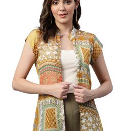 cottinfab Yellow and Rust Printed Open Front Shrug image 1