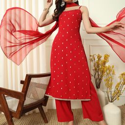 fiorra Women's Red Crepe Kurta and Palazzo Set with Matching Dupatta image 3