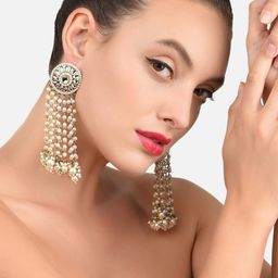 zaveri pearls Antique Gold Tone Kundan & Pearls Chain Fringe Dangle Earring For Women-ZPFK10136 image 4