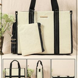 bagsy malone Canvas & Vegan Leather Office Bag, Built-in Bottle Holder, Laptop Compartment, Back Loop, Multi-Utility Pouch | Set of 2 image 3