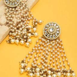 zaveri pearls Antique Gold Tone Kundan & Pearls Chain Fringe Dangle Earring For Women-ZPFK10136 image 3