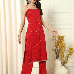 fiorra Women's Red Crepe Kurta and Palazzo Set with Matching Dupatta image 4