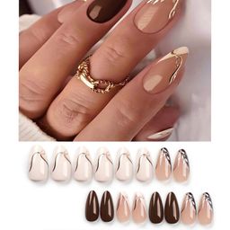 Secret Lives Reusable Artificial Almond shape Brown & Coffe color with Black Curve White Leaves & Golden Glitter Women's Designer Press on Nails with Kit image 2