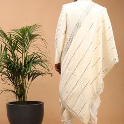 vastramay Men's Cream Silk Blend Sherwani Set With Dupatta | Trend setting Men's Indowestern Style Mirror Work Sherwani. Cowl Style Patiala Dhoti Pant Set. Comes With Mirror Border Viscose Dupatta. image 3