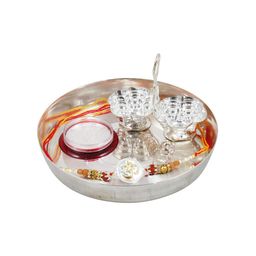 GoldGiftIdeas Pure 999 Silver OM Rakhi for Brother, Certified Golden Silver Rakhi for Rakshabandhan with Pooja Thali Set (5 Inch), (Men/Boys) image 1