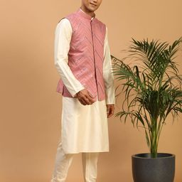 vastramay Men's Viscose Jacket, Kurta and Pyjama Set | Mirror Work Chevron Pattern Chic Jacket Kurta Pyjama Set For Men image 2