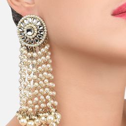 zaveri pearls Antique Gold Tone Kundan & Pearls Chain Fringe Dangle Earring For Women-ZPFK10136 image 2