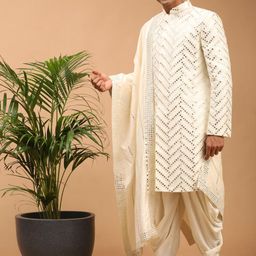 vastramay Men's Cream Silk Blend Sherwani Set With Dupatta | Trend setting Men's Indowestern Style Mirror Work Sherwani. Cowl Style Patiala Dhoti Pant Set. Comes With Mirror Border Viscose Dupatta. image 2