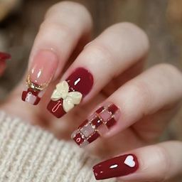 Secret Lives Glossy Reusable Artificial Translucent Red Color Heart & Check Design with 3D Cream Bow Long Fake False Press on Nails 24 pieces Set with Kit image 1