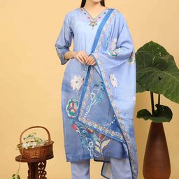 GOLDSTROMS Women Floral Embroidered Regular Thread Work Linen Kurta with Trousers & With Dupatta-1
