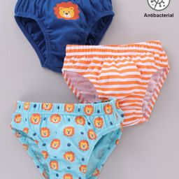 Babyhug Cotton Lion Print & Striped Briefs Pack Of 3 - Blue & Orange-image-21