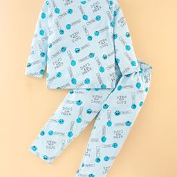 Doreme Single Jersey Full Sleeves Night Suit Text & Smiley Print- Blue-picture-43