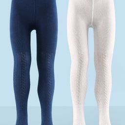 Honeyhap Premium Cotton Super Soft Stretchable Self KnittedTights with Silvadur Finish Pack of 2 - White & Navy Peony-16