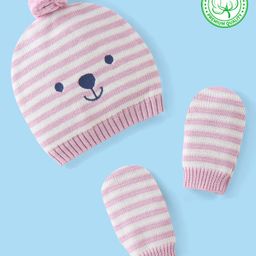 Babyhug Organic Cotton Knit Woollen Cap & Mittens Set Stripe Print Pink - Diameter 10.5 cm-picture-10