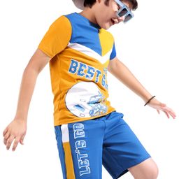 Ollington St. 100% Cotton Knit Half Sleeves T-Shirt & Shorts Set Text Print - Yellow & Blue-picture-38