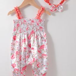 Kookie Kids Sleeveless Jumpsuit with Headband Floral Print - White & Orange-image-109