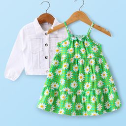 Babyhug Single Jersey Knit Full Sleeves Jacket & Floral Printed Frock - Green & White-image-107
