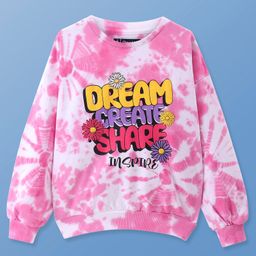 Pine Kids Cotton Knit Full Sleeves Pullover Sweatshirt with Tie & Dye Design & Text Print - Pink-image-48