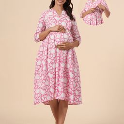CRAFIQA Three Fourth Sleeves Floral Printed Maternity Dress With Concealed Zipper Nursing Access - Pink & White-image-51