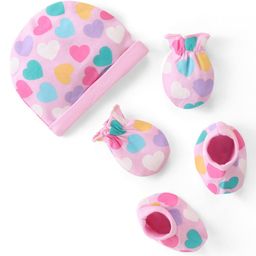 Babyhug 100% Cotton Knit Cap Mittens & Booties Set Heart Print - Pink-image-61